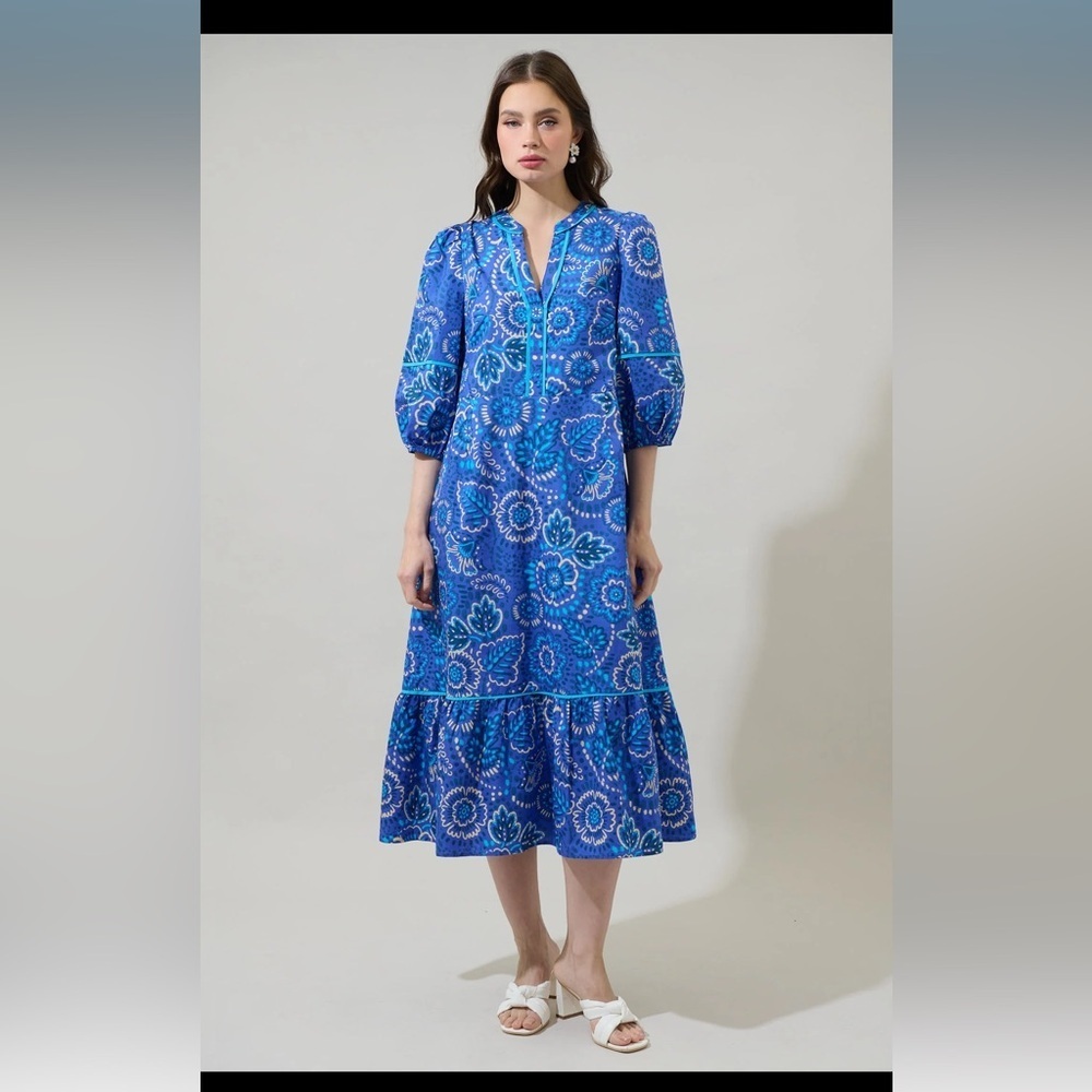 Kenner Floral Melia Shirt Midi Dress Blue Cream Multi - Picture 8 of 10